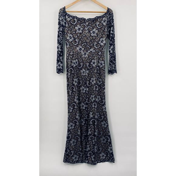 Xscape Off Shoulder Floral Lace Gown Long Sleeve Rhinestone Blue Over Cream 6 - Picture 6 of 8